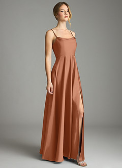 Azazie Elle Vestidos de damas de honor Vestido de Bronceador de Satén Elástico de Corte en A con Plisado image4