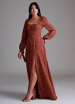 Azazie Leonia Bridesmaid Dresses Terracotta A-Line Long Sleeve Floral Burnout Dress image2