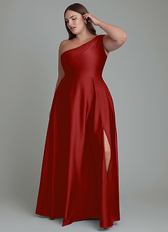 Azazie Melanie Bridesmaid Dresses Pomegranate A-Line Off the Shoulder Stretch Satin Dress image9