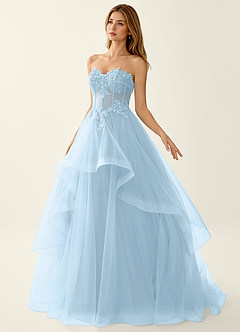 Anais Azul Cielo Vestido de fiesta con volantes de encaje y espalda con cordones tipo corsé image4