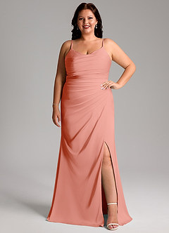 Azazie Deandra Bridesmaid Dresses Coral Mermaid Pleated Stretch Satin Dress image7