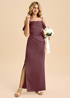 Azazie Saige Junior Robe Fourreau en Satin extensible Épaule décolletée Sangria image4