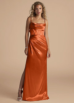 Azazie Mai Final Sale Auburn Sheath Pleated Metallic Satin Dress image1