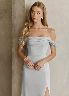 Azazie Saige Bridesmaid Dresses Silver Sheath Off the Shoulder Stretch Satin Dress image2