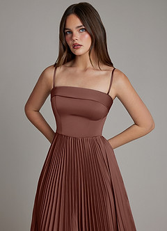 Azazie Mariana Bridesmaid Dresses Espresso A-Line Pleated Stretch Satin Dress image2