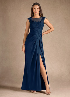 Azazie Santa Barbara Mother of the Bride Dresses Dark Navy Sheath Pleated Stretch Satin Dress image5