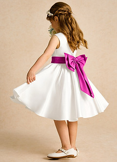 Azazie Sosie Flower Girl Dresses Ivory Fuchsia A-Line Pleated Matte Satin Dress image4
