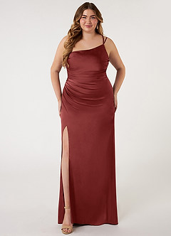 Azazie Eren Bridesmaid Dresses Terracotta Mermaid One Shoulder Stretch Satin Dress image6