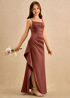 Azazie Cannoli Girls Formal Abiti da Ragazza di Fiori Abito A-Line in Raso Elasticizzato Plissettato Auburn image1