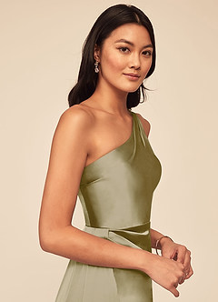 Azazie Maron Robes de demoiselle d'honneur Robe Trapèze en Satin extensible Epaule unique Vert Mousse image5