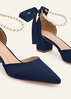 front Matching Color Matte Satin Pearl and Bow Pointed Toe Block Heels