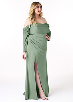 Azazie Hallie Jurken voor bruidsmeisjes Converteerbaar Jurk van Stretch Satijn met Kolom Off-the-shoulder lange mouw Matcha image11
