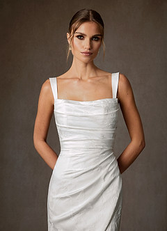 Azazie Tilly Wedding Dresses Diamond White Sheath Off the Shoulder Floral Jacquard Dress image8