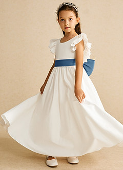 Azazie Aero Flower Girl Dresses Ivory Steel Blue A-Line Pleated Cotton Dress image2
