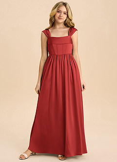 Azazie Hattie Junior Pomegranate A-Line Pleated Stretch Satin Dress image8