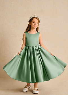 Azazie Doodlebug Flower Girl Dresses Matcha A-Line Bow Matte Satin Dress image4