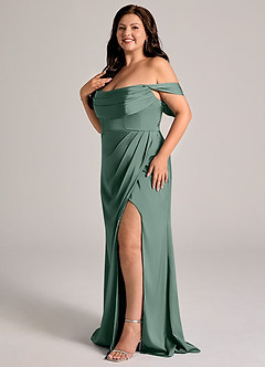 Azazie Johana Brudtärnklänningar Klä av Sjöjungfru i Stretch Satin Av axeln Eukalyptus Konvertibel image10