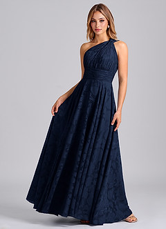 Azazie Charlize Vestidos de damas de honor Vestido de Azul Marino Oscuro de Devorado Floral de Corte en A con Hombro unilateral image4