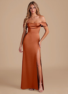 Azazie Saige Robes de demoiselle d'honneur Robe Trapèze Convertible en Satiné métallisé Épaule décolletée Auburn image5