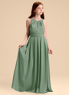 Azazie Bibiane Junior Abito A-Line in Raso Elasticizzato Plissettato Matcha image1