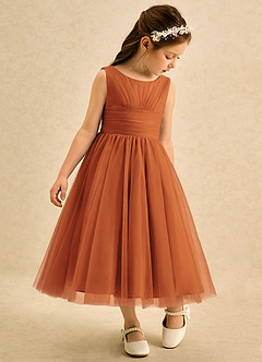 Azazie Macaron Abiti da Ragazza di Fiori Abito A-Line in Tulle Plissettato Cannella image1