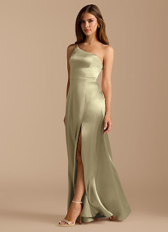 Azazie Trina At-home Try On Dresses Auburn A-Line One Shoulder Metallic Satin Dress image1