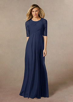 Azazie Raelyn At-home Try On Dresses Dark Navy A-Line Lace Mesh Dress image5