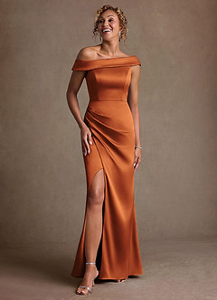 Azazie Kamala vestidos de madre de la novia Vestido de Canela de Satén Elástico de Corte Recto con Hombro unilateral image6