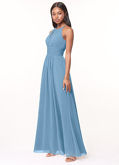 Azazie Bonnie Bridesmaid Dresses Steel Blue A-Line Keyhole Ruched Chiffon Dress image3