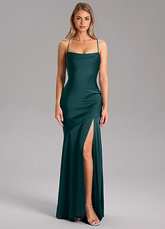 Azazie Grata Bridesmaid Dresses Pine Sheath Side Slit Stretch Satin Dress image3