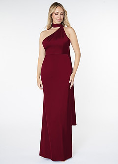 Azazie Kaylani Bridesmaid Dresses Burgundy Mermaid High Neck Stretch Satin Dress image1