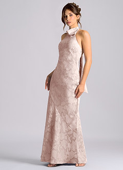 Azazie Velli Vestidos de damas de honor Vestido de Rosa Rubor de Devorado Floral de Corte Sirena con Cuello Alto image6