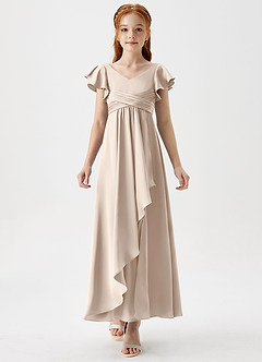 Azazie Omari Junior White Alabaster A-Line Pleated Stretch Satin Dress image5