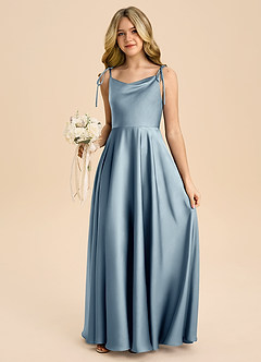 Azazie Popsy Junior Abito A-Line in Raso Elasticizzato Fiocco Blu Polveroso image5