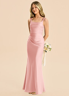 Azazie Agustina Junior Powder Pink Sheath Pleated Stretch Satin Dress image1