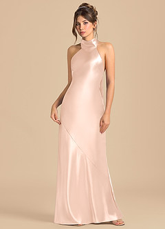 Azazie Velli Bridesmaid Dresses Rose Gold Sheath High Neck Metallic Satin Dress image3