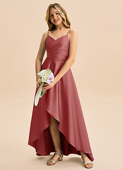 Azazie Eirlys Junior Antique Rose A-Line Pleated Stretch Satin Dress image4