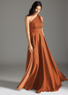 Azazie Charlize Bridesmaid Dresses Cinnamon A-Line One Shoulder Stretch Satin Dress image3