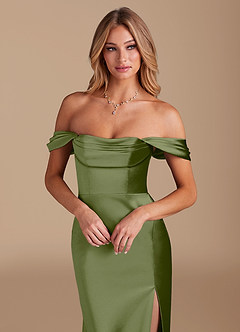 Azazie Saige Bridesmaid Dresses Olive A-Line Off the Shoulder Metallic Satin Convertible Dress image3