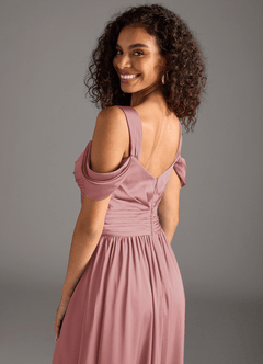 Azazie Lianne Bridesmaid Dresses Dusty Rose A-Line Off the Shoulder Stretch Satin Dress image4