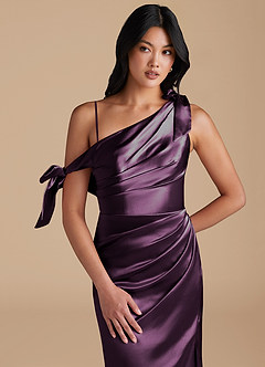 Azazie Xyla Bridesmaid Dresses Plum Sheath Off the Shoulder Metallic Satin Convertible Dress image2