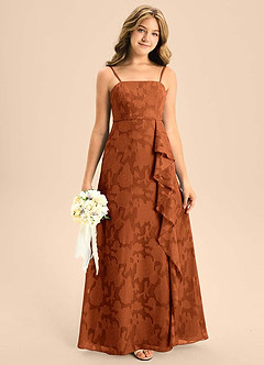 Azazie Kaylee Junior Burnt Orange A-Line with Belt Floral Burnout Dress image4