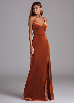 Azazie Becca Vestidos de damas de honor Vestido de Naranja Quemada de terciopelo de Corte Recto image3