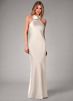 Azazie Velli Vestidos de damas de honor Vestido Alabastro Blanco de Satén Elástico de Corte Sirena con Cuello alto image4