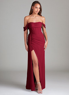 Azazie Amyra Bridesmaid Dresses Burgundy Sheath Off the Shoulder Chiffon Convertible Dress image3