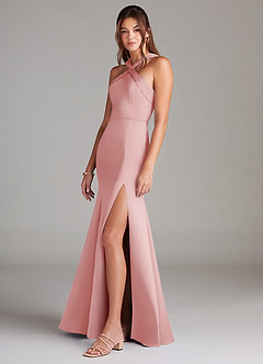 Azazie Rue Bridesmaid Dresses Powder Pink Mermaid Pleated Stretch Satin Dress image5