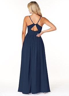 Azazie Dominic Bridesmaid Dresses Dark Navy A-Line V-Neck Pleated Chiffon Dress image2