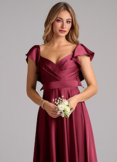 Azazie Leilani Bridesmaid Dresses Burgundy A-Line Ruched Stretch Satin Dress image5