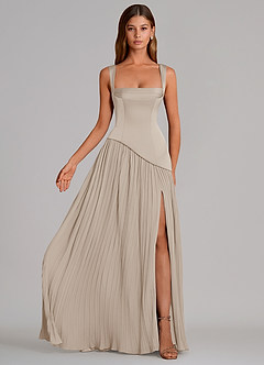 Azazie Stephanie 신부 들러리 드레스 A라인 주름진 스트레치 새틴 바닥 길이 드레스 image4