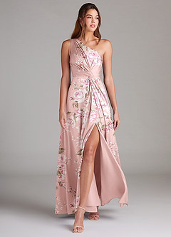 Azazie Brooke Bridesmaid Dresses Rosy Floral Bloom A-Line One Shoulder Stretch Satin Dress image3